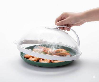Microwave Food Splash Guard – High Temperature Resistant Heating Cover with Steam Vent & Handle (Transparent Plate Cover)