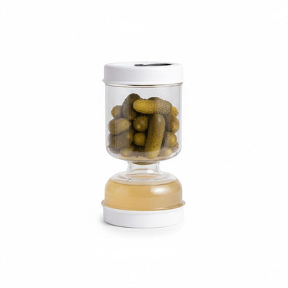 Olive and Pickle Strainer Jar - Hourglass Flip Container with Built-In Strainer for Airtight Food Storage