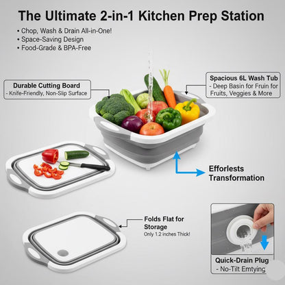 Collapsible Dish Basin with drain Plug - 3-in-1 Wash, Drain & Cutting Board