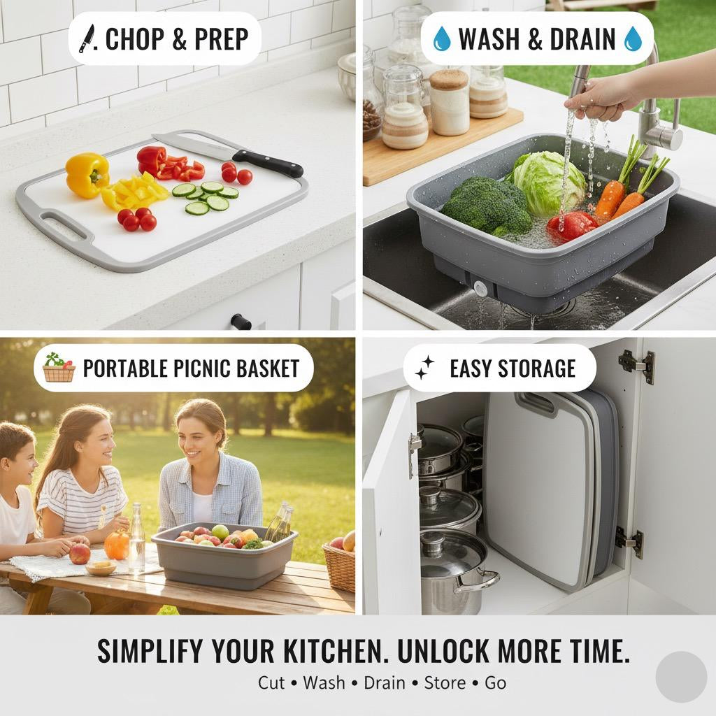 Collapsible Dish Basin with drain Plug - 3-in-1 Wash, Drain & Cutting Board