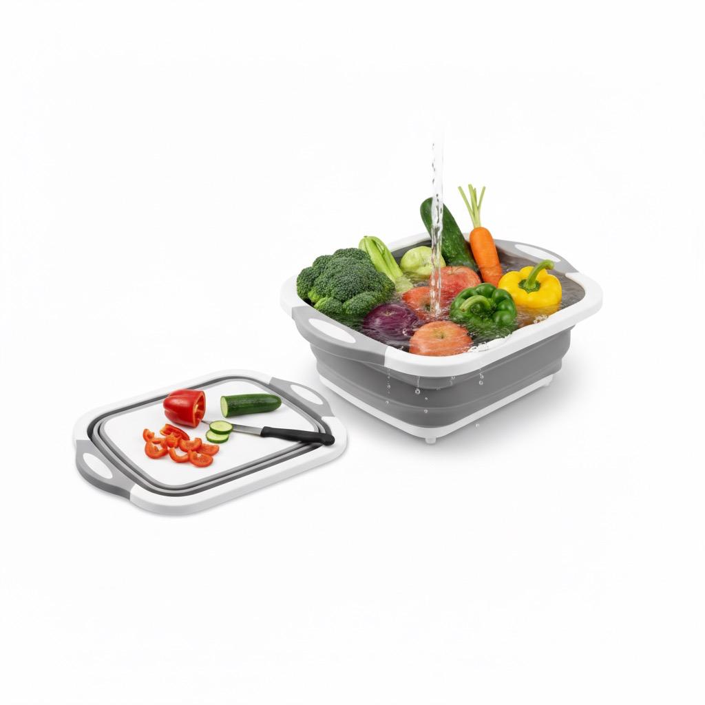 Collapsible Dish Basin with drain Plug - 3-in-1 Wash, Drain & Cutting Board